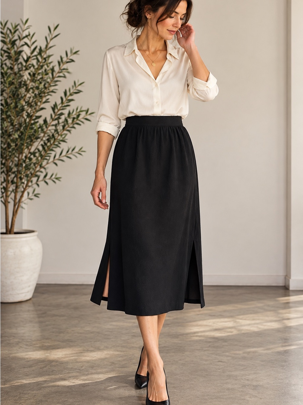 Vintage 80s Evan-Picone Black A-Line Midi Skirt XS Double Slit Quiet Luxury